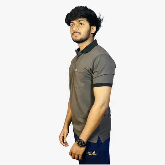 Men's Charcoal Grey Polo T-Shirt with Black Collar | Premium Cotton Regular Fit